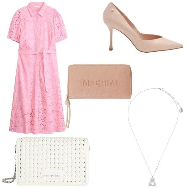 Outfit donna - look delle meraviglie. Stile Casual chic per Cerimonia. Abbinamento con vestiti chemisier, portafogli, décolleté, borse a tracolla, ciondoli.