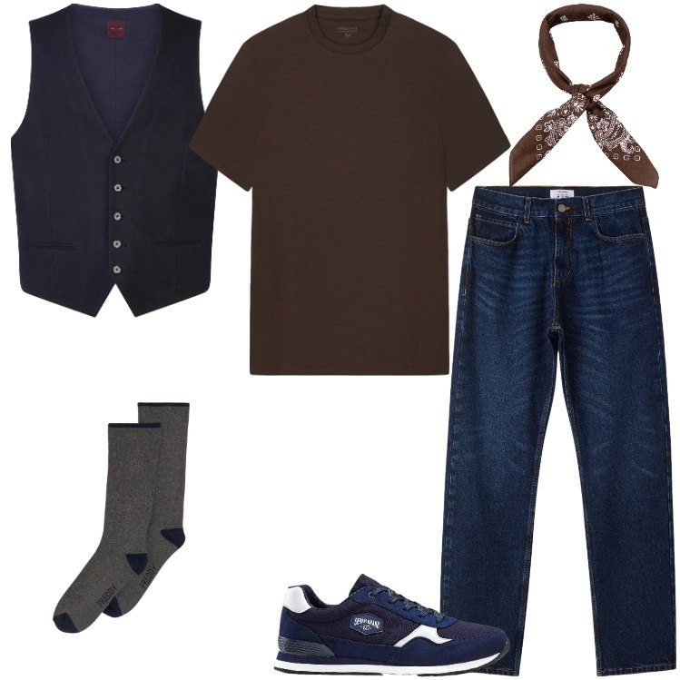 Outfit uomo - Giornata di sole. Stile Casual per Tutti i giorni. Abbinamento con sneakers, jeans dritti, calzini, gilet, t-shirt, sciarpe e foulard.