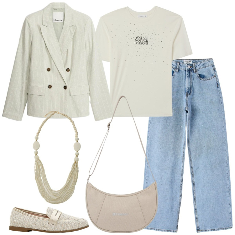 Outfit donna - Total look #2386990. Stile Casual chic per Ufficio. Abbinamento con mocassini, blazer, jeans, t-shirt, collane, borse a spalla.