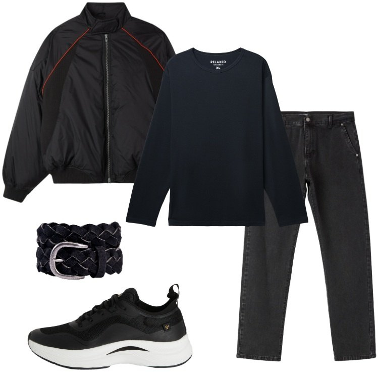 Outfit uomo - Ancora piogge. Stile Casual per Tutti i giorni. Abbinamento con t-shirt, jeans dritti, bomber, sneakers, cinture.