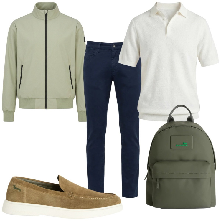 Outfit uomo - Total look #2387009. Stile Casual per Tutti i giorni. Abbinamento con borse sportive, pantaloni, polo, scarpe stringate, bomber.