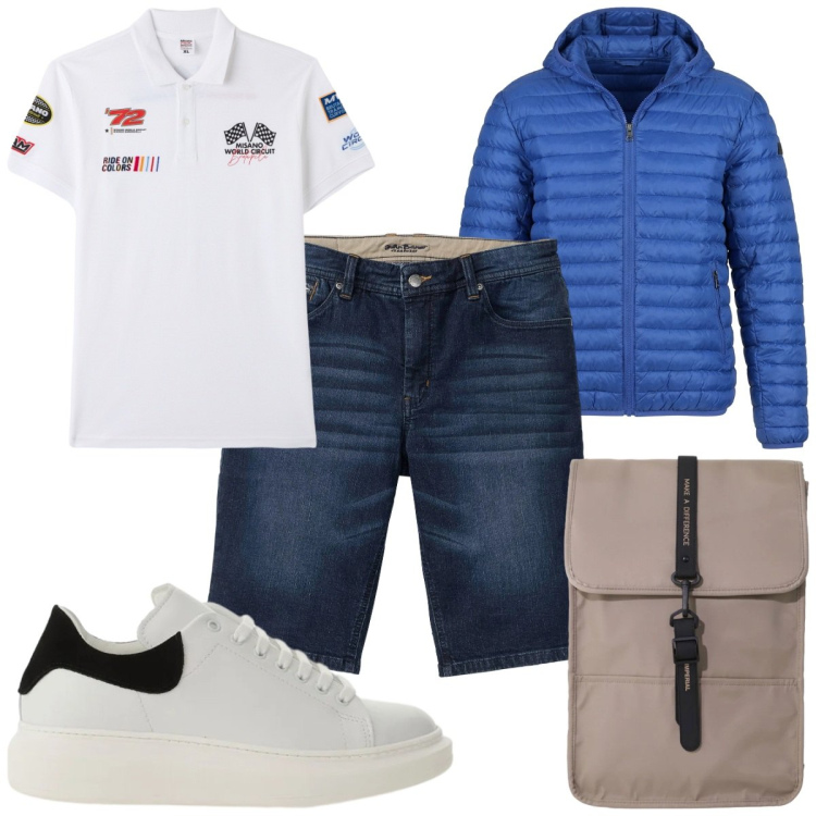 Outfit uomo - Total look #2387010. Stile Casual per Tutti i giorni. Abbinamento con bermuda, polo, sneakers, borse sportive, piumini.