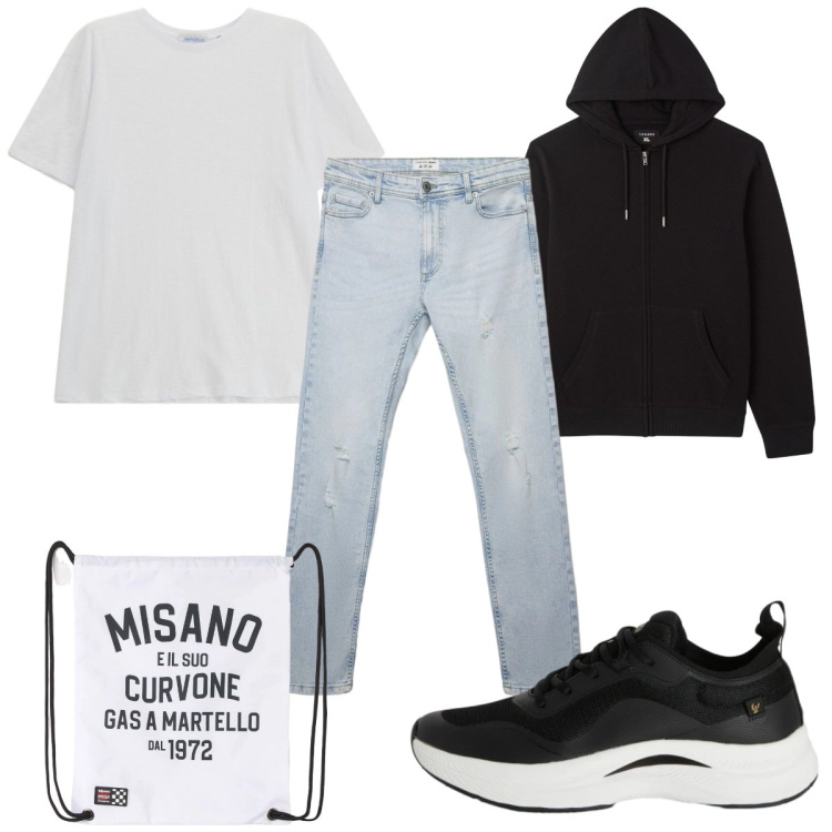 Outfit uomo - Total look #2387011. Stile Casual per Tutti i giorni. Abbinamento con t-shirt, sneakers, borse sportive, jeans strappati, felpe con cappuccio.