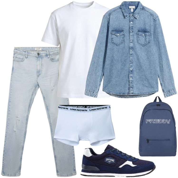 Outfit uomo - Un giorno qualunque. Stile Casual per Tutti i giorni. Abbinamento con sneakers, camicie, boxer, jeans strappati, t-shirt, borse sportive.