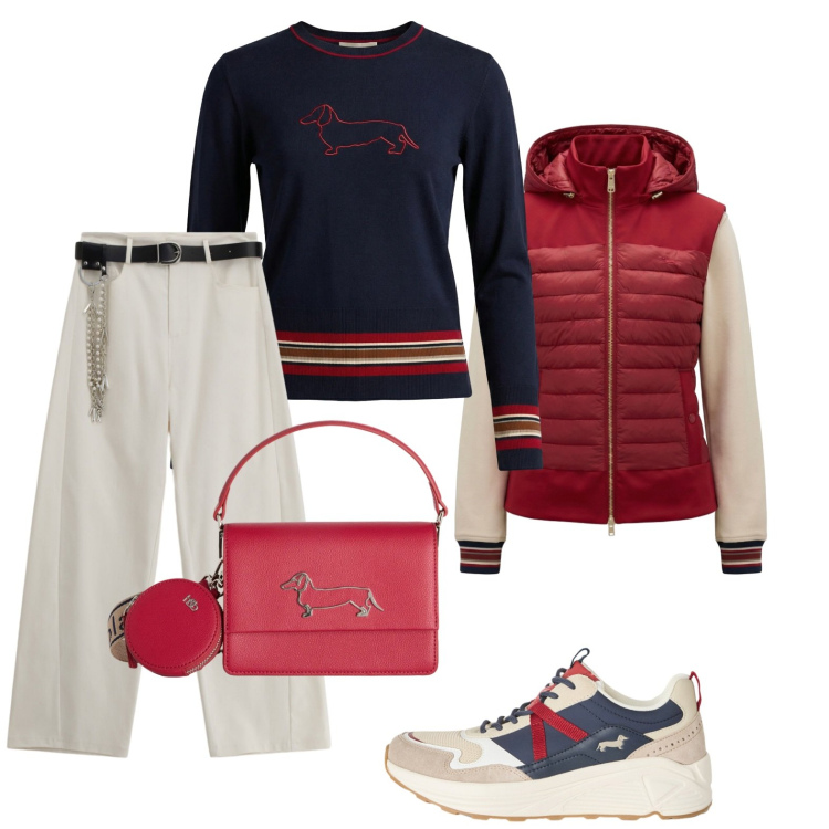 Outfit donna - Parola d\'ordine Bassotto. Stile Sporty chic per Serata fuori. Abbinamento con pantaloni a palazzo, sneakers, maglieria, piumini, borse a tracolla.