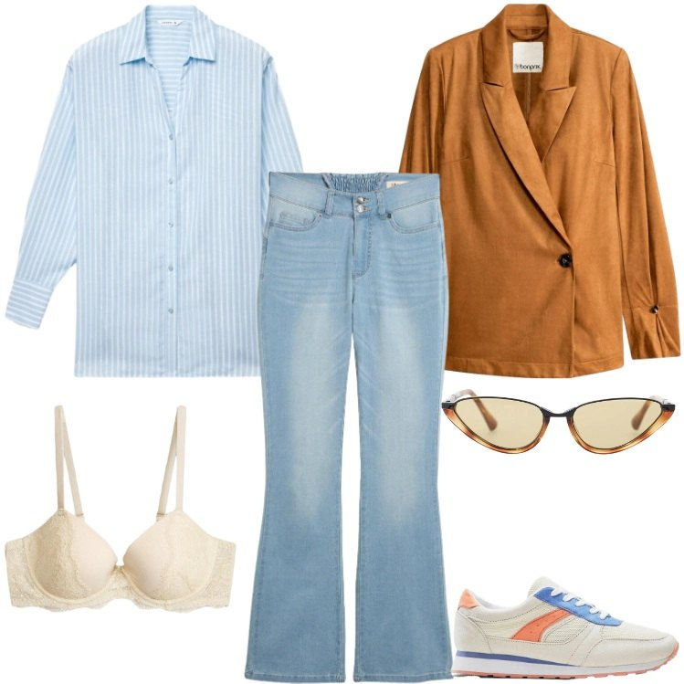 Outfit donna - Carinissimo e stiloso blazer cognac. Stile Casual per Tutti i giorni. Abbinamento con blazer, sneakers, jeans bootcut, reggiseni, camicie, occhiali da sole.