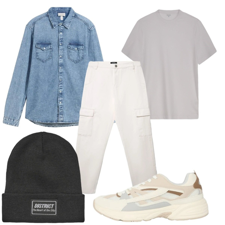 Outfit uomo - Total look #2387017. Stile Casual per Tutti i giorni. Abbinamento con camicie, berretti, pantaloni cargo, sneakers, t-shirt.