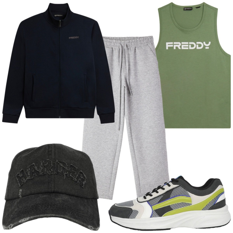 Outfit uomo - Total look #2387020. Stile Trendy per Sport. Abbinamento con sneakers, cappelli con visiera, pantaloni, felpe, canottiere.