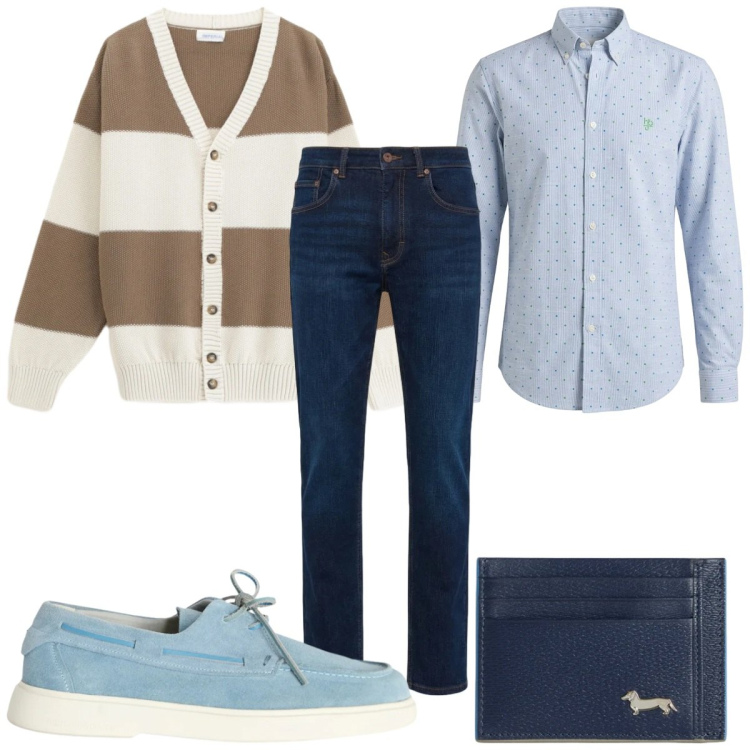 Outfit uomo - Total look #2387024. Stile Casual per Ufficio. Abbinamento con cardigans, portafogli, jeans, scarpe stringate, camicie.