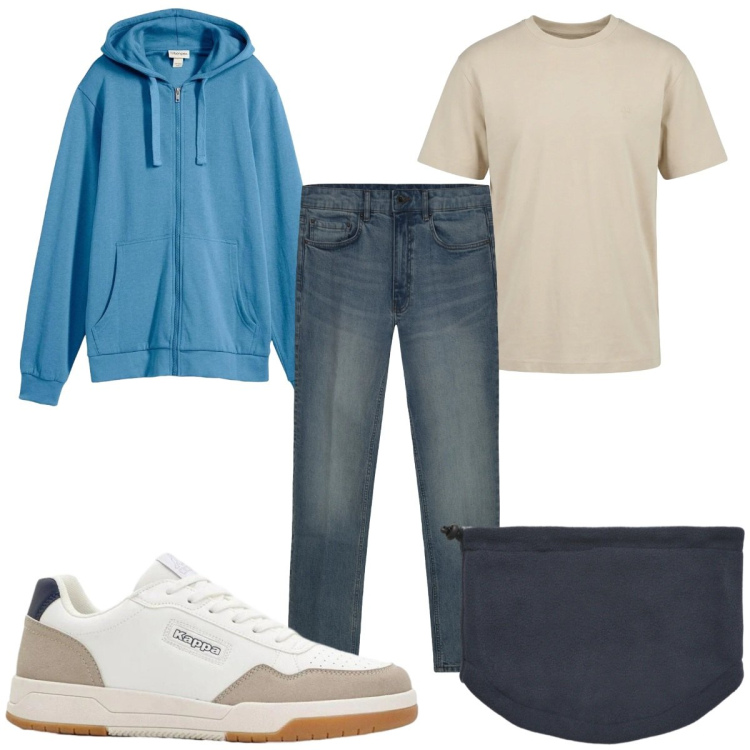 Outfit uomo - Total look #2387027. Stile Casual per Tutti i giorni. Abbinamento con sneakers, felpe con cappuccio, scaldacollo, t-shirt, jeans.