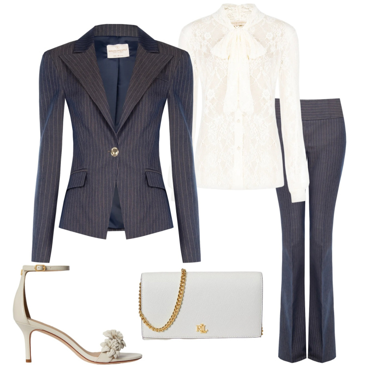 Outfit donna - Rinascimento spring. Stile Chic per Cerimonia. Abbinamento con camicie, blazer, pantaloni, sandali in pelle, borse a tracolla.