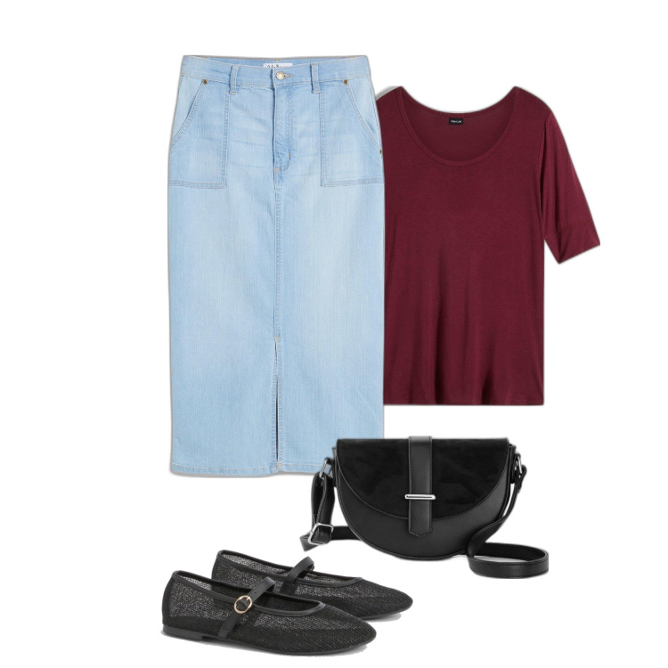 Outfit femme - Jupe denim. Style Basique pour Tous les jours. Assortir avec t-shirts, jupes longues, pulls, ballerines.