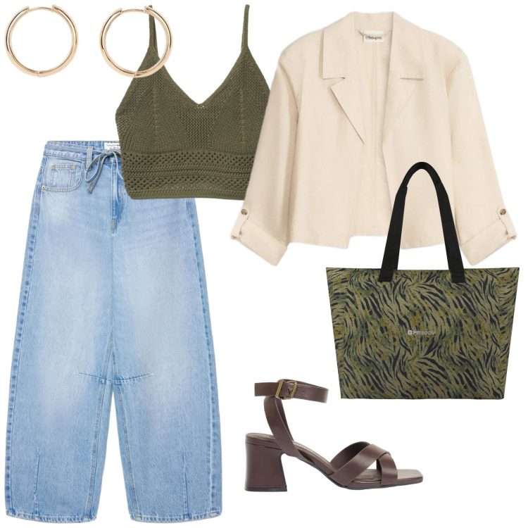 Outfit donna - Città di mare. per Tutti i giorni. Abbinamento con blazer, orecchini, sandali col tacco, jeans, canottiere, shopping bag.