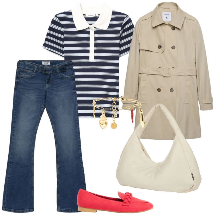 Outfit donna - Nel quotidiano. per Tutti i giorni. Abbinamento con mocassini, jeans a zampa, trench, polo, braccialetti, borse a spalla.