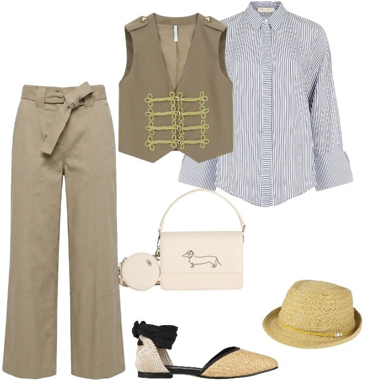 Outfit donna - Casual ricercato. Stile Casual per Tutti i giorni. Abbinamento con cappelli, ballerine, gilet, borse a tracolla, pantaloni, camicie.