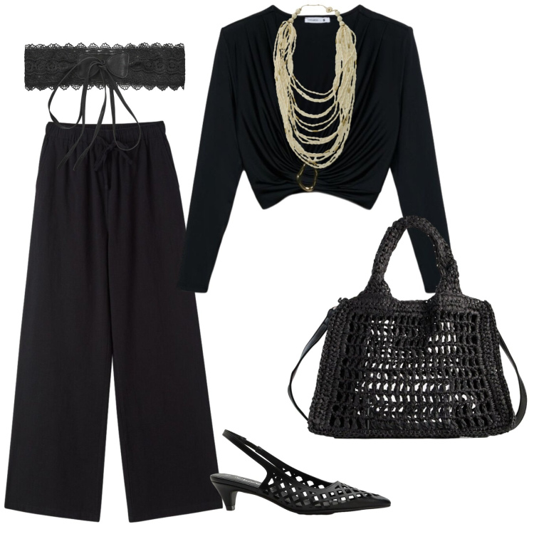 Outfit donna - Night black. per Serata fuori. Abbinamento con décolleté, borse a tracolla, cinture, t-shirt, pantaloni, collane.