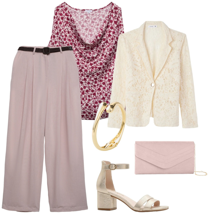Outfit donna - Mi piace così. per Tutti i giorni. Abbinamento con pochette, braccialetti, sandali col tacco, top, pantaloni, blazer.