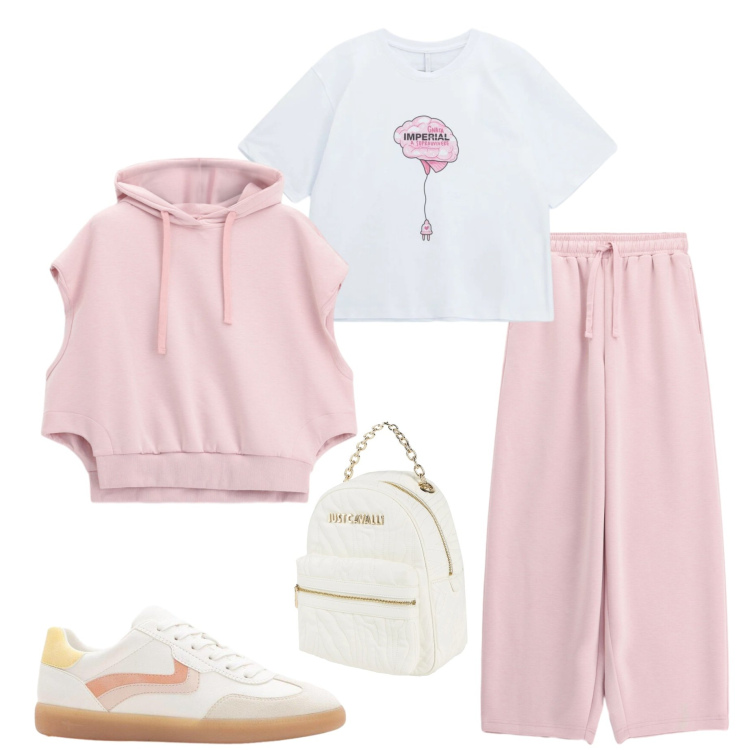 Outfit donna - Tempo libero. Stile Casual per Tutti i giorni. Abbinamento con zaini, sneakers, t-shirt, pantaloni a palazzo, felpe con cappuccio.