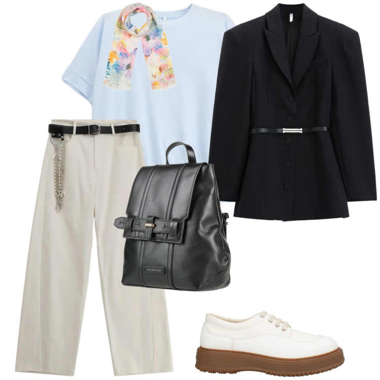 Outfit donna - La giacca nera in primavera. per Tutti i giorni. Abbinamento con scarpe stringate, sciarpe, zaini, pantaloni a palazzo, blazer, t-shirt.