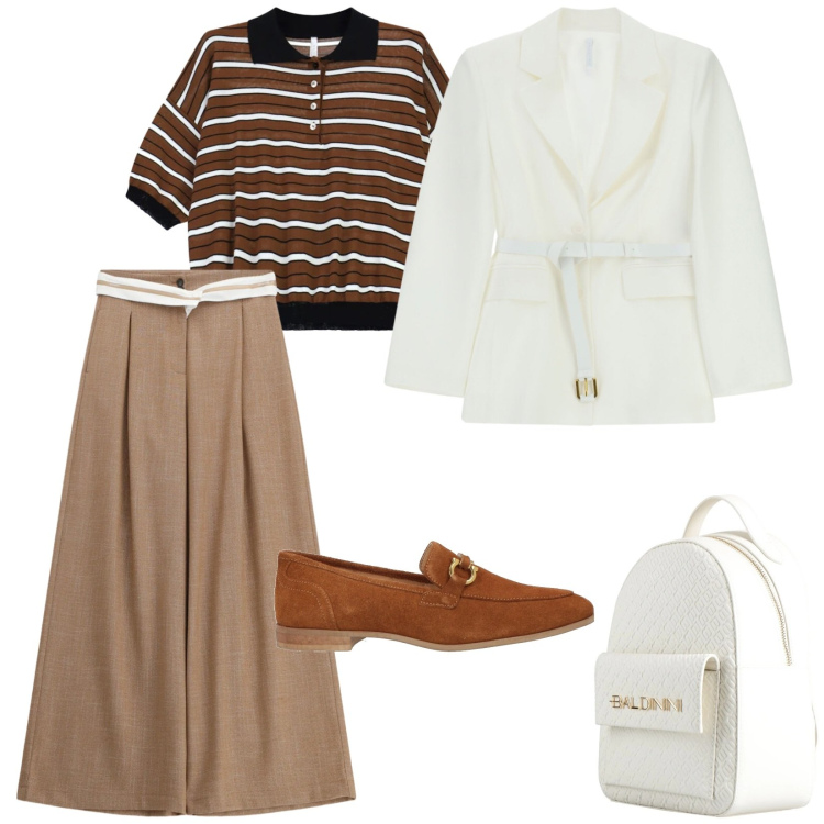 Outfit donna - Tonalità di marrone. per Ufficio. Abbinamento con zaini, mocassini, blazer, pantaloni a palazzo, polo.