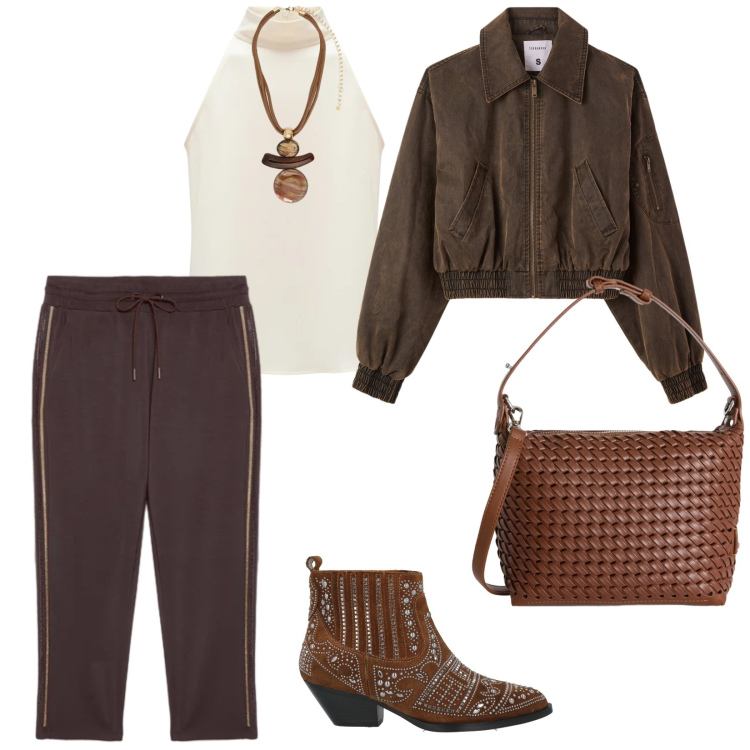 Outfit donna - Urban. per Tutti i giorni. Abbinamento con stivaletti, ciondoli, pantaloni, borse a spalla, canottiere, bomber.