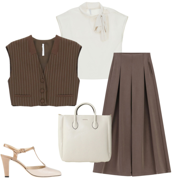 Outfit donna - Imperial look. Stile Casual chic per Tutti i giorni. Abbinamento con décolleté, pantaloni a palazzo, gilet, borse a tracolla, canottiere.