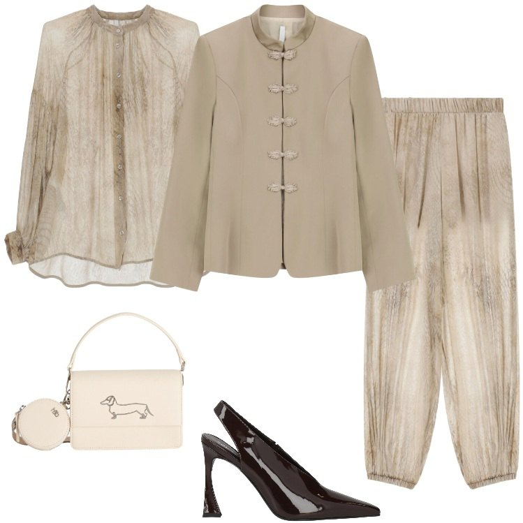 Outfit donna - Raffinata e misteriosa. Stile Chic per Serata fuori. Abbinamento con décolleté, pantaloni, blazer, camicie, borse a tracolla.