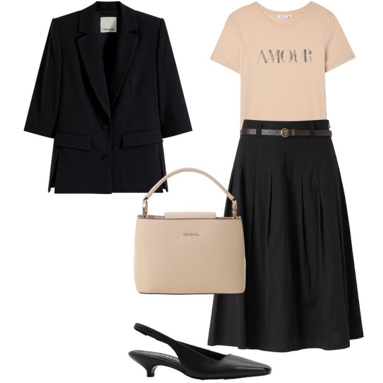Outfit donna - Total look #2387066. Stile Casual per Ufficio. Abbinamento con blazer, décolleté, gonne longuette, t-shirt, borse a secchiello.