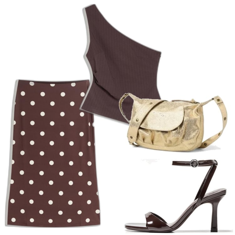 Outfit mujer - Trendy look. Estilo Trendy para Noche/Fiesta elegante. Combinación con falda longuette, sandalias de tacón, top, bolsos de hombro.