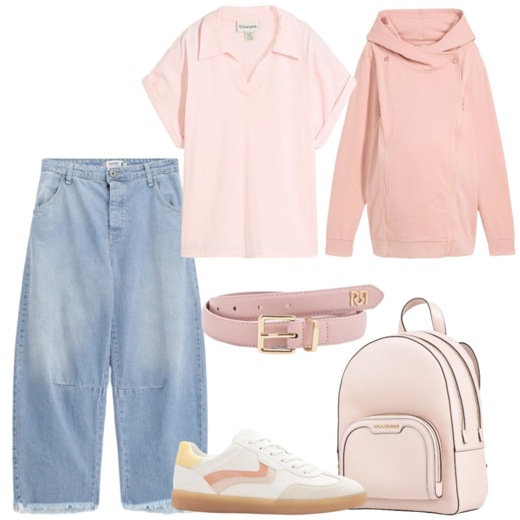 Outfit donna - Total look #2387070. Stile Casual chic per Tutti i giorni. Abbinamento con zaini, sneakers, felpe con cappuccio, polo, jeans, cinture.