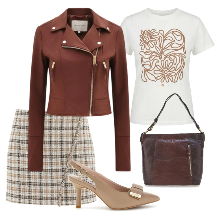 Outfit donna - Rinascimento Spring Elegance. Stile Casual chic per Ufficio. Abbinamento con giacche, minigonne, t-shirt, borse a spalla, décolleté.