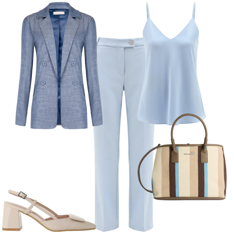 Outfit donna - City. Stile Urban per Tutti i giorni. Abbinamento con décolleté, blazer, pantaloni, canottiere, shopping bag.