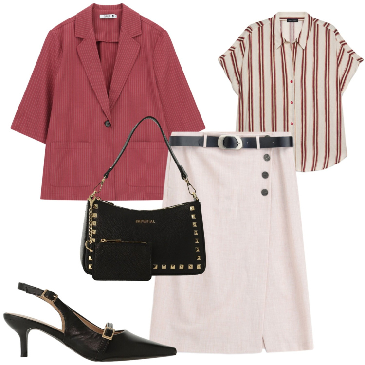 Outfit donna - City. Stile Urban per Tutti i giorni. Abbinamento con camicie a manica corta, blazer, sandali col tacco, borse a spalla, gonne longuette.