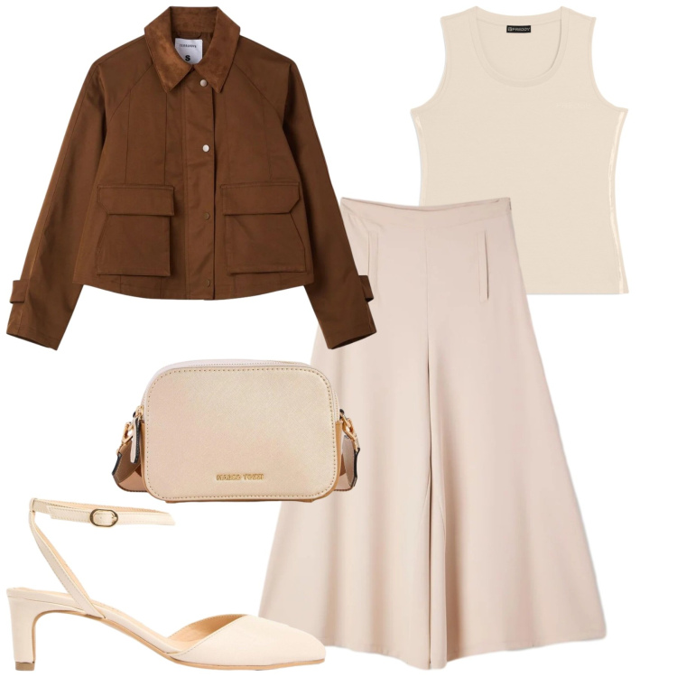 Outfit donna - City. Stile Urban per Tutti i giorni. Abbinamento con borse a tracolla, décolleté, pantaloni, cappotti, canottiere.