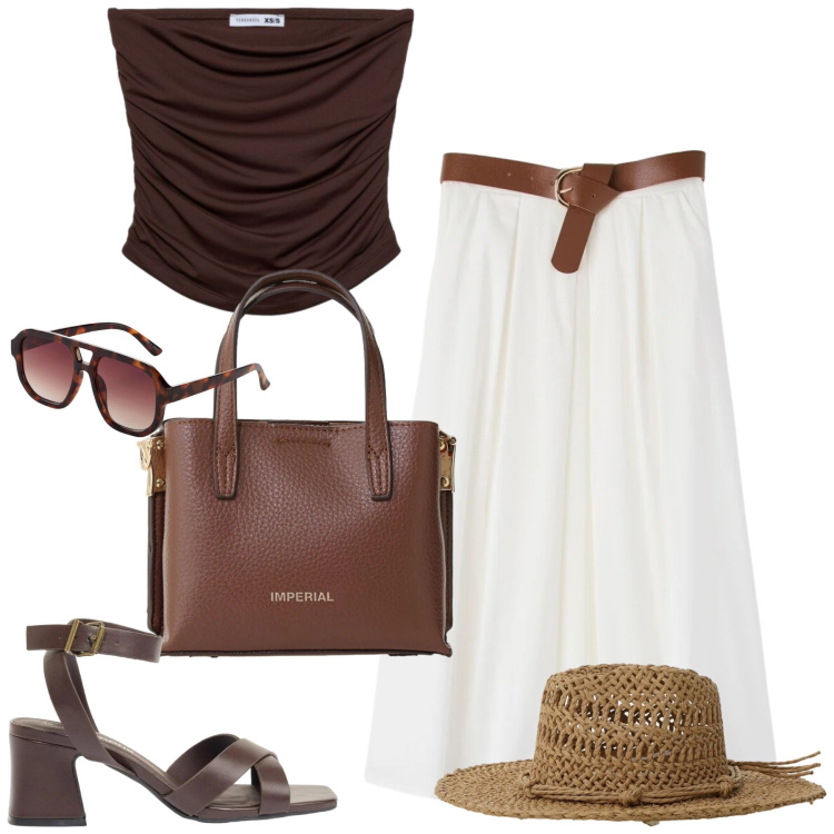 Outfit donna - Summertime. Stile Trendy per Tutti i giorni. Abbinamento con occhiali da sole, sandali col tacco, top, gonne longuette, borse a tracolla, cappelli.