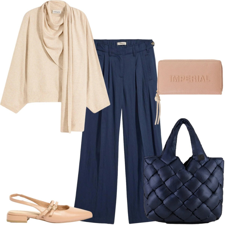 Outfit donna - Eleganza leggera - Focus Donna Curvy. Stile Casual chic per Ufficio. Abbinamento con maglieria, pantaloni, ballerine, portafogli, borse tote.