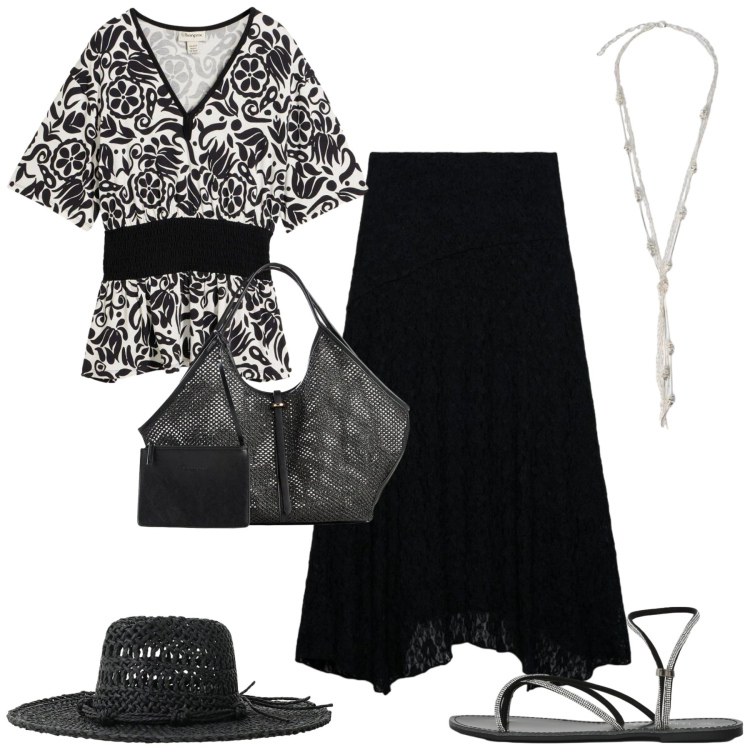 Outfit donna - Summer. Stile Casual chic per Tutti i giorni. Abbinamento con bluse, shopping bag, gonne lunghe, sandali, cappelli, collane.
