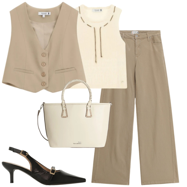 Outfit donna - City. Stile Urban per Tutti i giorni. Abbinamento con pantaloni, gilet, top, shopping bag, sandali col tacco.