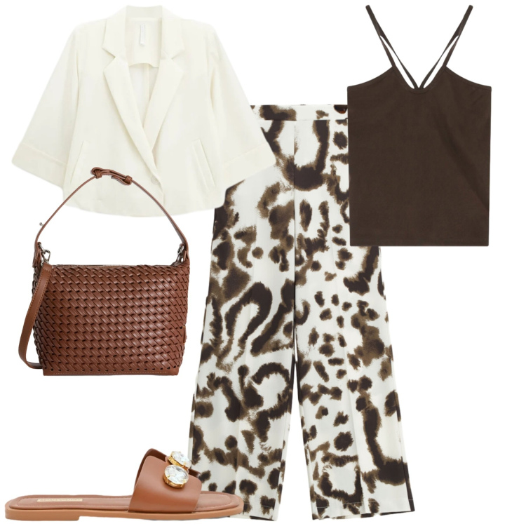 Outfit donna - City. Stile Casual chic per Tutti i giorni. Abbinamento con canottiere, pantaloni a palazzo, blazer, sandali gioiello, borse a spalla.