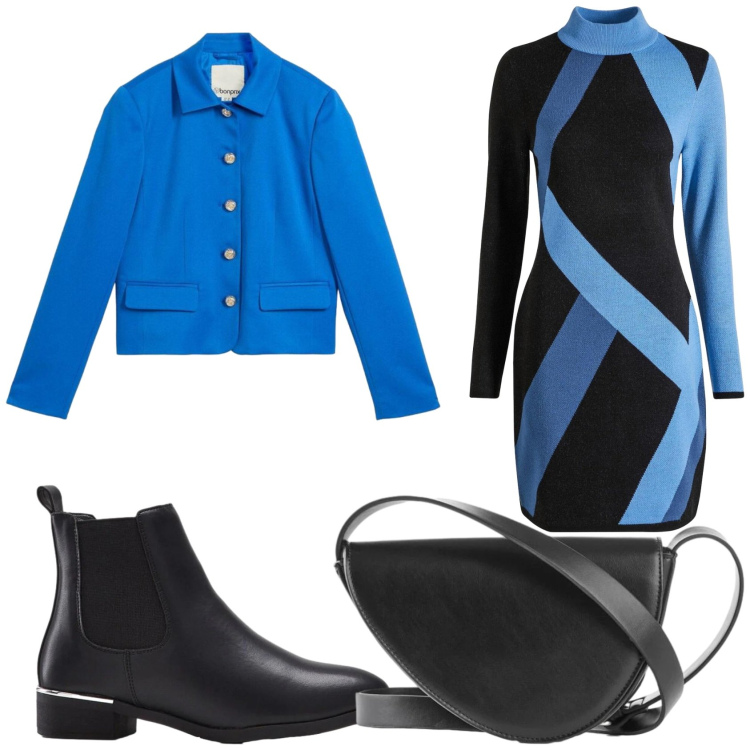 Outfit donna - Saldi Bon Prix. Stile Casual chic per Ufficio. Abbinamento con blazer, borse a tracolla, stivaletti, vestiti corti.