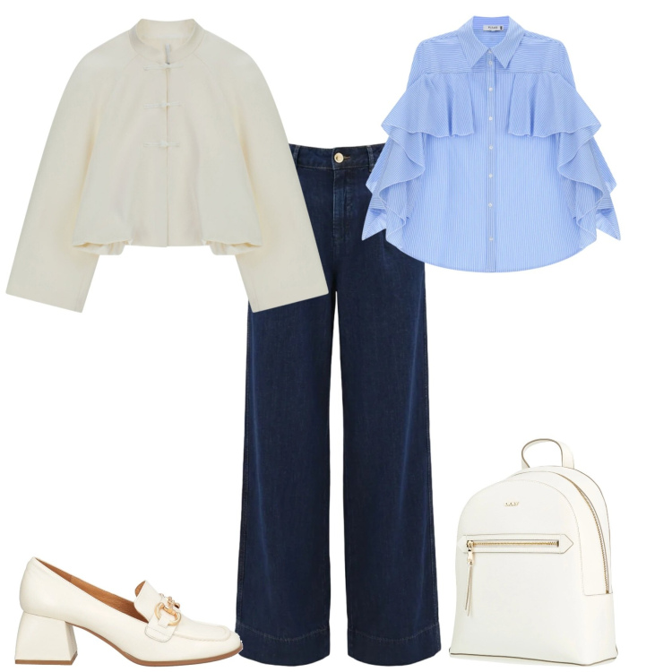 Outfit donna - Casual chic ufficio tempo libero. Stile Casual chic per Ufficio. Abbinamento con mocassini, zaini, camicie, cappotti, jeans dritti.