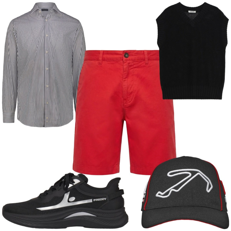 Outfit uomo - Total look #2387093. Stile Trendy per Tutti i giorni. Abbinamento con cappelli con visiera, maglieria, pantaloni corti, sneakers, camicie.