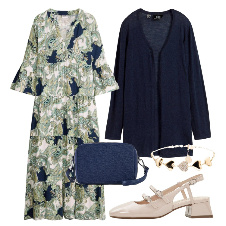 Outfit donna - Abito lungo fluido. Stile Minimal per Ufficio. Abbinamento con vestiti lunghi, décolleté, cardigans, borse a tracolla, braccialetti.