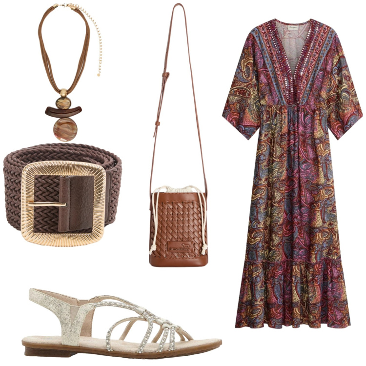 Outfit donna - Stile etnico. Stile Etnico per Tutti i giorni. Abbinamento con sandali, vestiti lunghi, cinture, ciondoli, borse a secchiello.