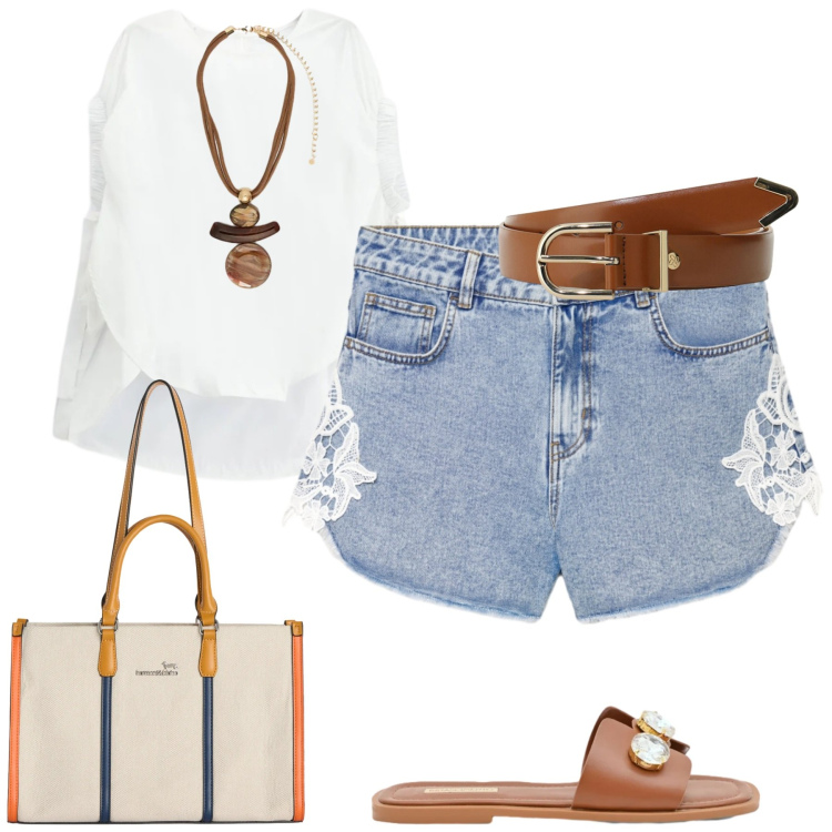 Outfit donna - Weekend. Stile Casual chic per Tutti i giorni. Abbinamento con shorts, borse tote, bluse, cinture, sandali gioiello, ciondoli.