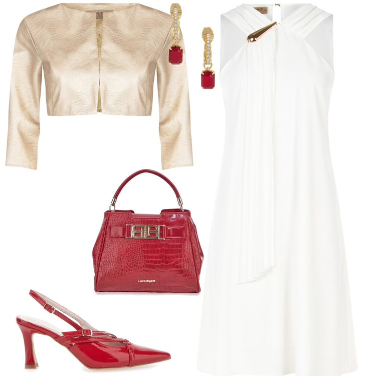 Outfit donna - Chic cerimonia evento serata. Stile Chic per Serata fuori. Abbinamento con vestiti corti, bolero, orecchini, décolleté, borse a mano.