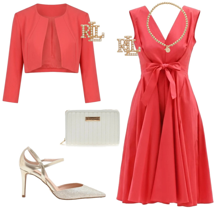 Outfit donna - Chic evento serata speciale. Stile Chic per Serata fuori. Abbinamento con vestiti corti, décolleté, bolero, collane, orecchini, portafogli.
