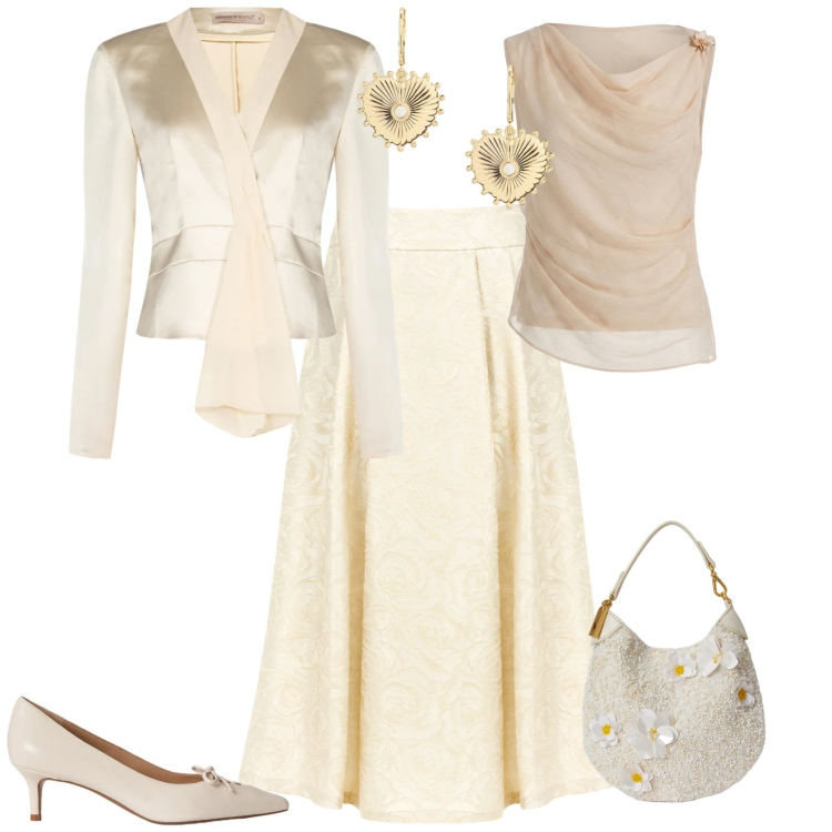 Outfit donna - Bon ton cerimonia evento serata. Stile Bon Ton per Cerimonia. Abbinamento con gonne longuette, blazer, top, orecchini, décolleté, pochette.