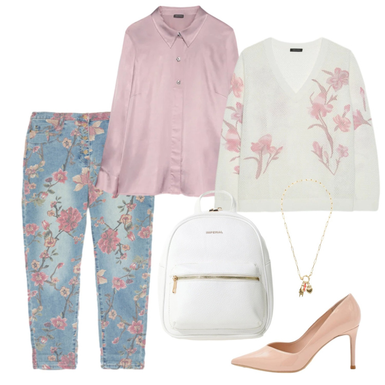 Outfit donna - Primavera in fiore. Stile Casual chic per Ufficio. Abbinamento con zaini, maglieria, camicie, jeans, ciondoli, décolleté.