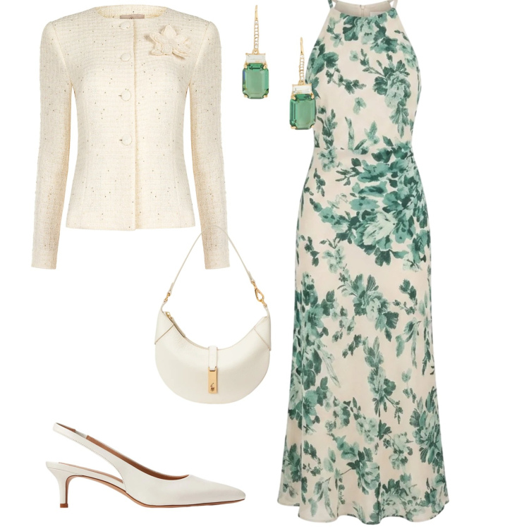 Outfit donna - Bon ton cerimonia evento serata. Stile Bon Ton per Cerimonia. Abbinamento con blazer, vestiti lunghi, décolleté, borse a spalla, orecchini.